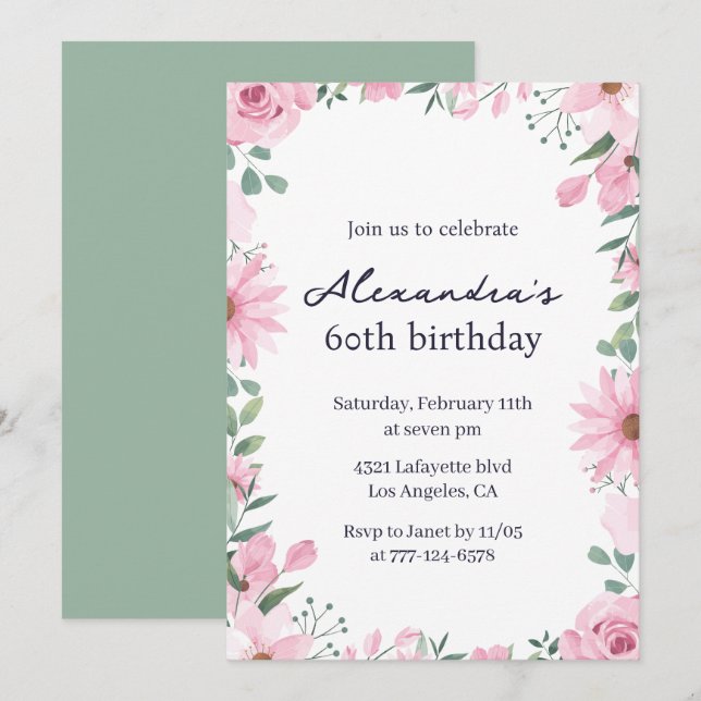 60th birthday invitations Floral Frame Pink Green (Front/Back)