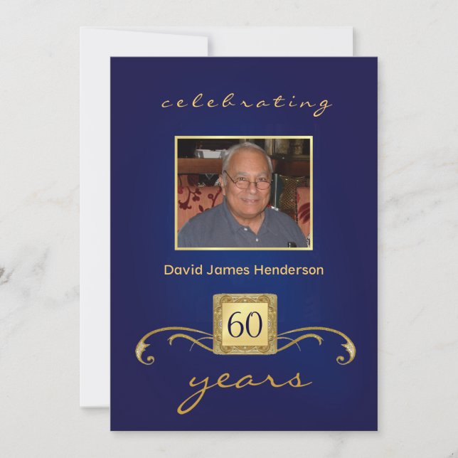 60th Birthday Invitations - Monogram Blue & Gold (Front)