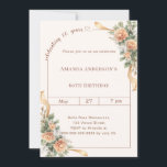 60th birthday ivory cream florals ribbon invitation<br><div class="desc">Celebrate a milestone in style with this elegant 60th birthday invitation in soft ivory, cream. Designed for a sophisticated and memorable celebration, this invitation features a clean, modern layout with a delicate script detail and subtle heart accent for a feminine and timeless touch. Peach colored flowers with gold ribbons Perfect...</div>
