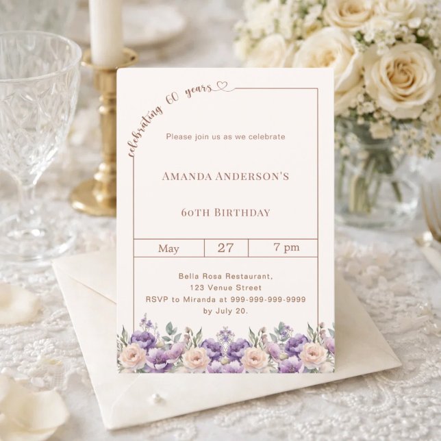60th birthday ivory lavender florals  invitation (Creator Uploaded)
