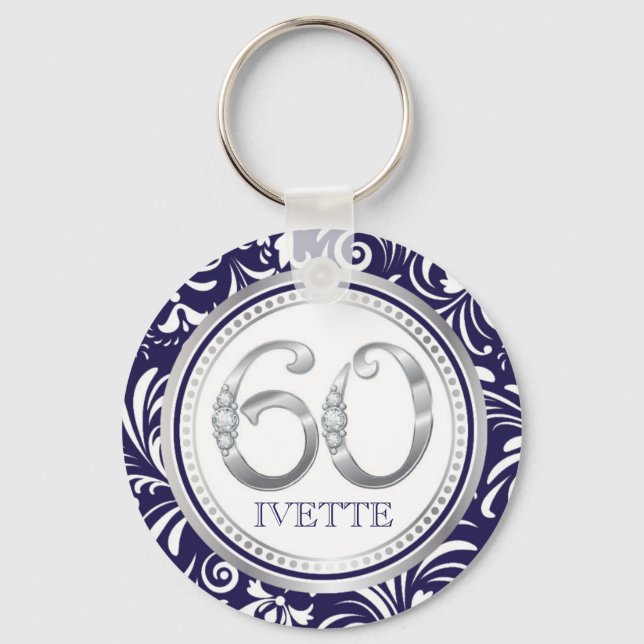 60th Birthday Key Chain-Navy Blue & Silver Key Ring (Front)
