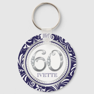 60th Birthday Key Chain-Navy Blue & Silver Ring