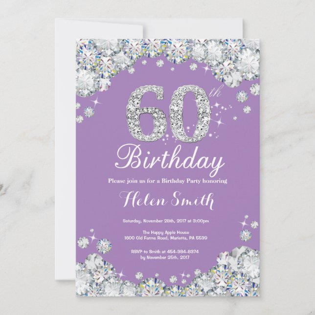 60th Birthday Lavender and Silver Diamond Invitation (Front)