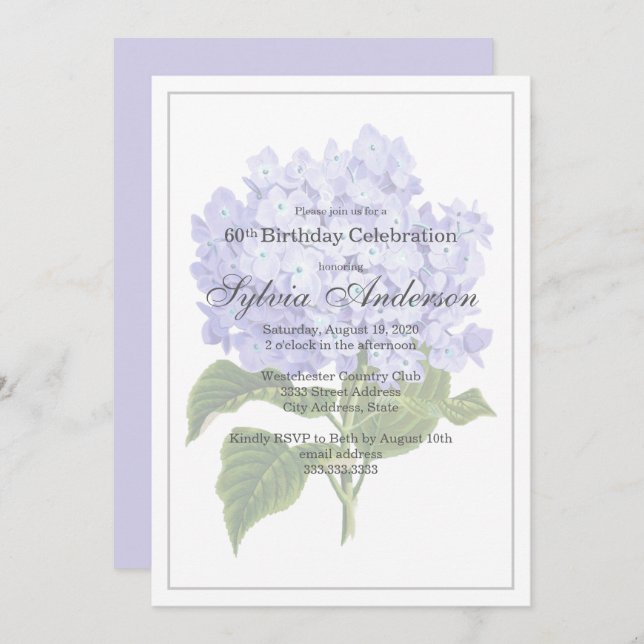 60th Birthday Lavender Hydrangea Invitation (Front/Back)