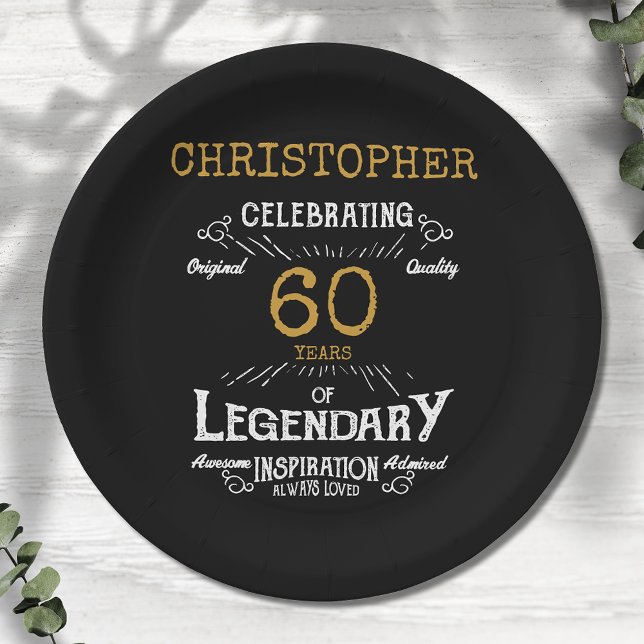 60th Birthday Legendary Black Gold Retro Paper Plate (For those celebrating their 60th birthday we have the ideal birthday party plates)