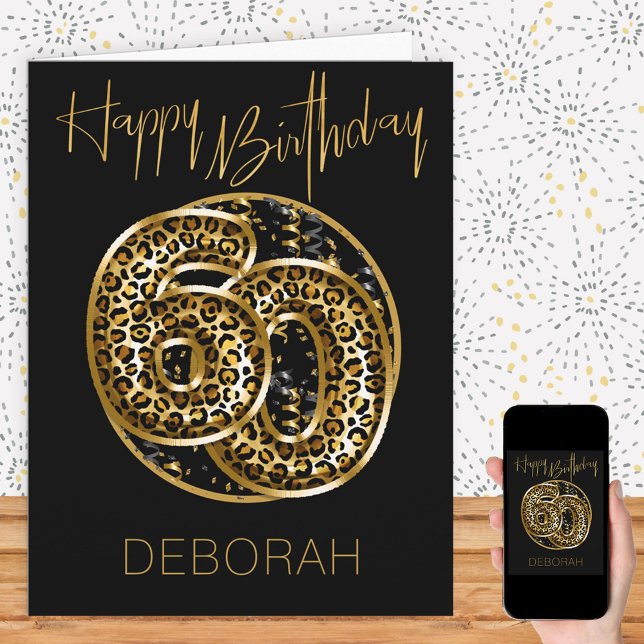 60th Birthday Leopard Print Gold Foil Balloons Card (Creator Uploaded)