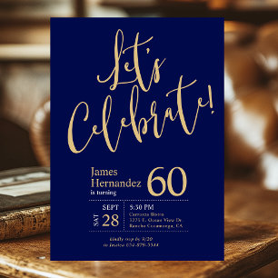 60th Birthday Let's Celebrate Navy Blue Gold Photo Invitation