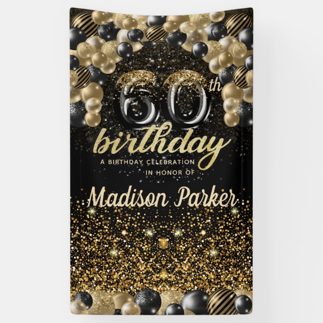 60th Birthday Luxury Personalised Black Gold  Banner (Vertical)