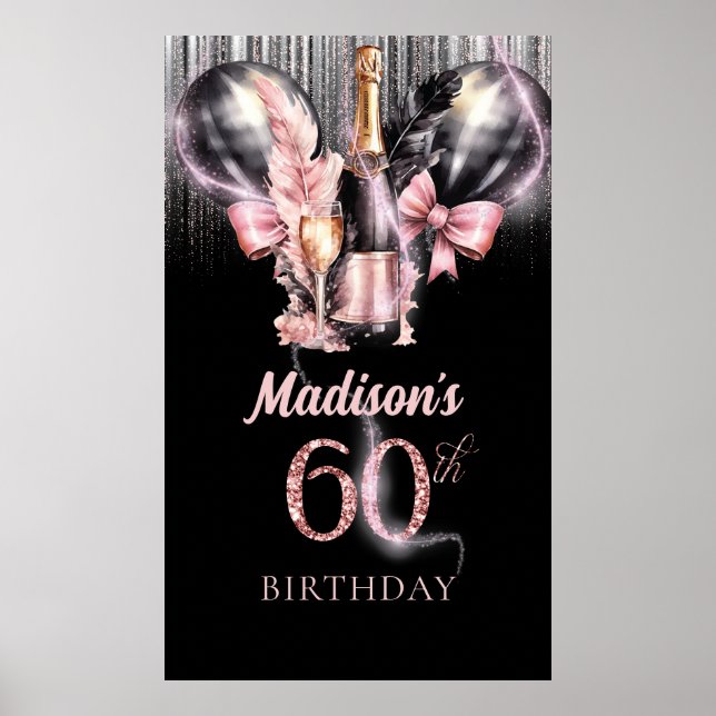 60th Birthday Luxury Rose Wine Party Sign (Front)