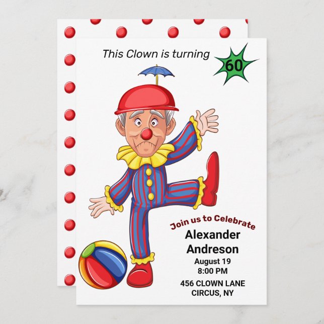 60th Birthday Mens Funny Clown Epic Amazing Invitation (Front/Back)