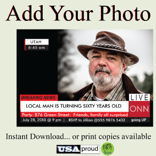 60th Birthday Mens Funny TV News Invitation