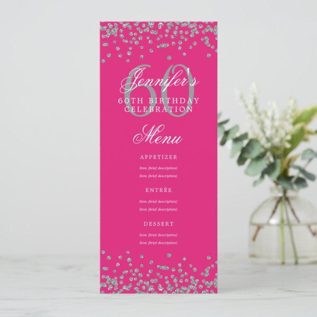 60th Birthday Menu Silver Hot Pink Confetti Invitation (Standing Front)
