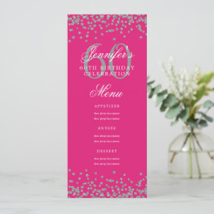 60th Birthday Menu Silver Hot Pink Confetti Invitation