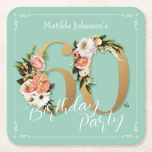 60th Birthday Mint Gold Floral Glamourous Pretty Square Paper Coaster