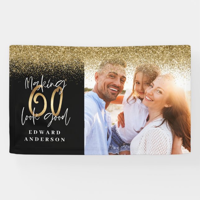 60th birthday modern black and gold glitter photo banner (Horizontal)