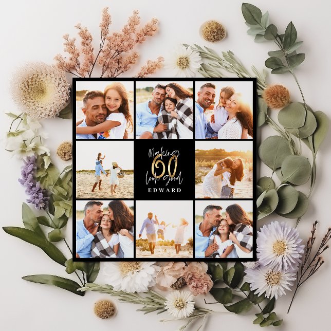 60th birthday modern black and gold photo collage (Creator Uploaded)