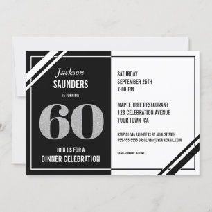 60th Birthday Modern Black and White Dinner Party Invitation
