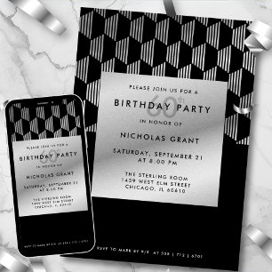 60th Birthday Modern Black Faux Silver Foil Invitation