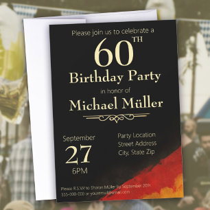 60th Birthday Modern Black, Red & Gold Invitation