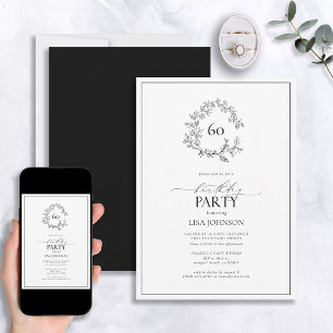 60th Birthday Modern Black & White Leafy Crest Invitation