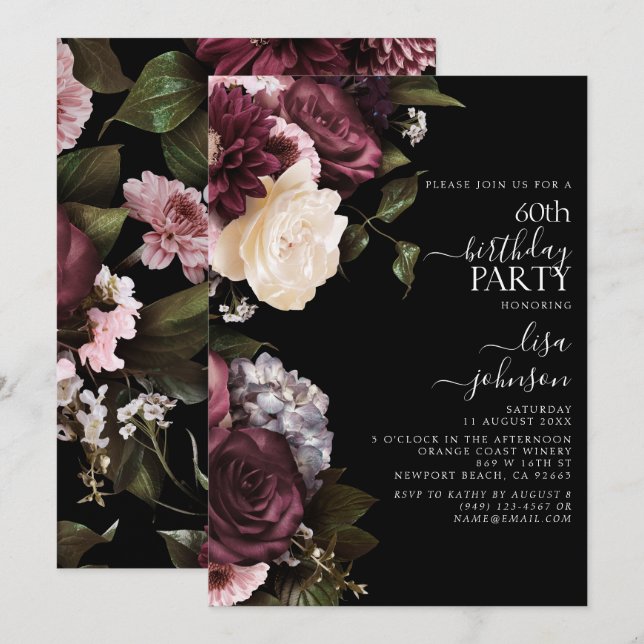 60th Birthday Modern Dark Moody Burgundy Floral Invitation (Front/Back)
