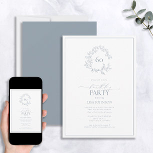 60th Birthday Modern Dusty Blue Leafy Crest Invitation