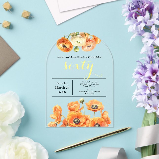 60th Birthday Modern Garden Orange White Flowers Acrylic Invitations (Insitu (Wedding))