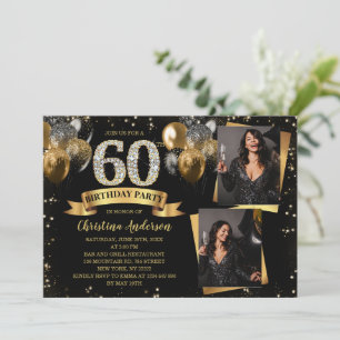 60th Birthday Modern Gold Glitter Balloons 2 Photo Invitation