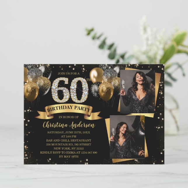 60th Birthday Modern Gold Glitter Balloons 2 Photo Invitation (Standing Front)