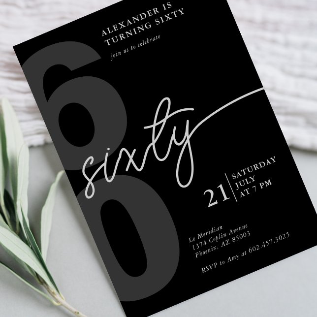 60th Birthday Modern Minimalist Black Grey  Invitation (Creator Uploaded)