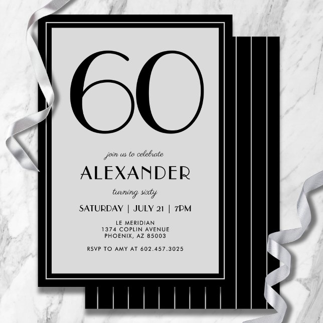 60th Birthday Modern Minimalist Mens Black Grey Invitation (Modern black and light gray design—minimal, bold, and effortlessly stylish.)