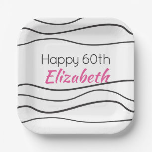 60th Birthday Modern PINK Black Paper Plate