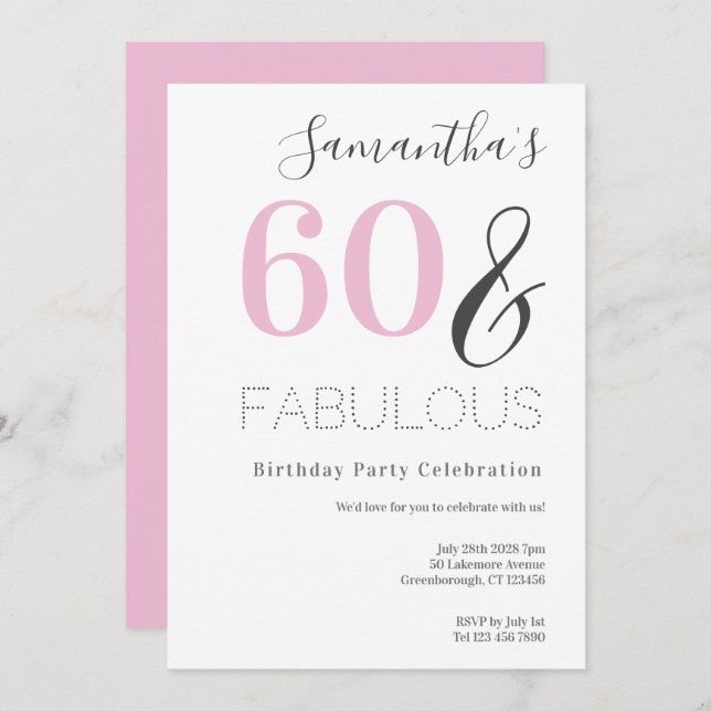 60th Birthday Modern Pink Party Invitation (Front/Back)