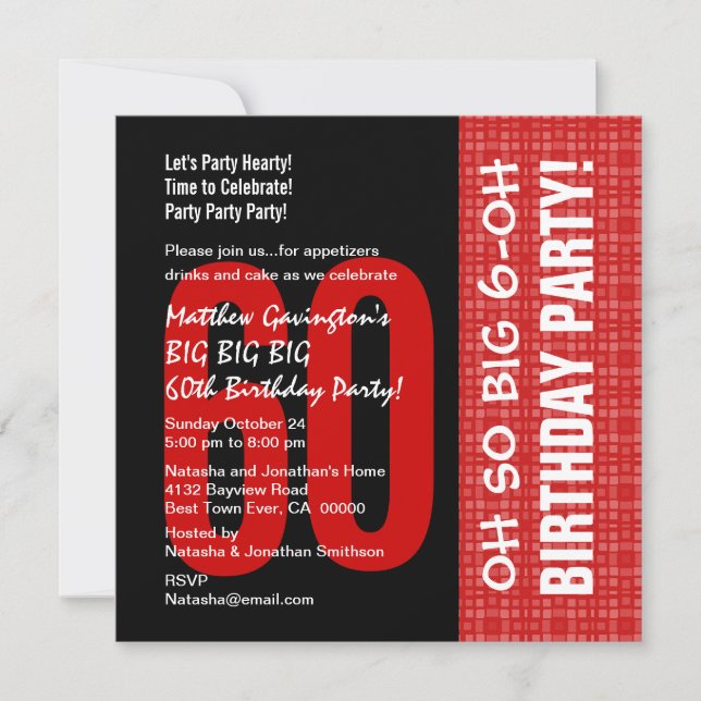 60th Birthday Modern Red and Black B205 Invitation (Front)
