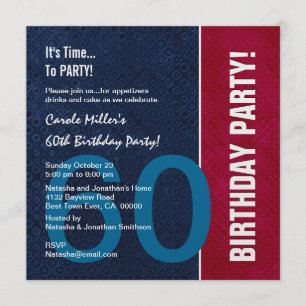 60th Birthday Modern Red Blue White Metallic v8 Invitation