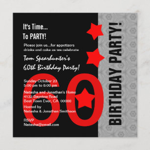 60th Birthday Modern Red Silver Black Funny A01 Invitation