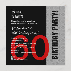 60th Birthday Modern Red Silver Black Funny D844 Invitation