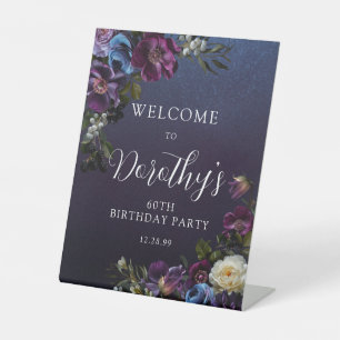 60th Birthday Moody Purple Flowers Custom Welcome Pedestal Sign
