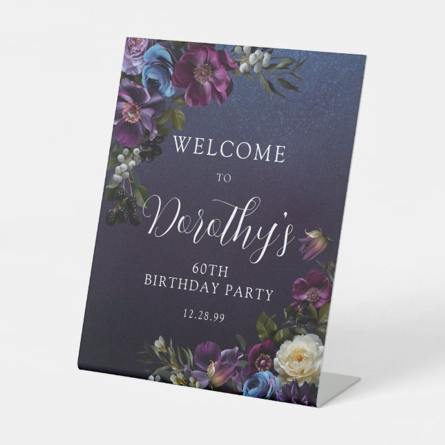 60th Birthday Moody Purple Flowers Custom Welcome Pedestal Sign (Front)
