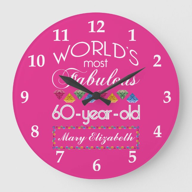 60th Birthday Most Fabulous Colourful Gems Pink Large Clock (Front)