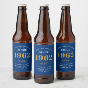 60th Birthday Name 1962 Blue Gold Elegant Chic Beer Bottle Label