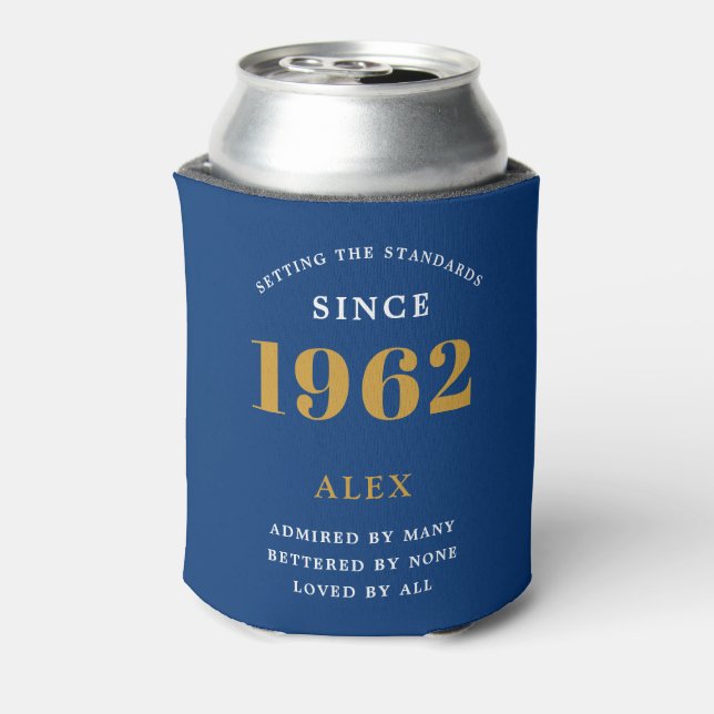 60th Birthday Name 1962 Blue Gold Elegant Chic Can Cooler (Can Back)