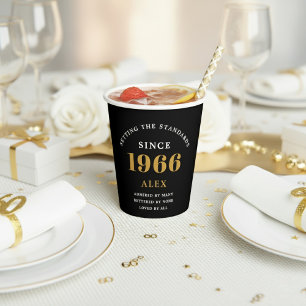 60th Birthday Name 1966 Black Gold Elegant Chic Paper Cups