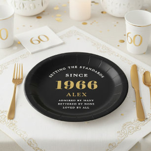 60th Birthday Name 1966 Black Gold Elegant Chic Paper Plate