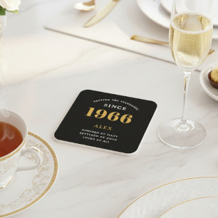 60th Birthday Name 1966 Year Black Gold Custom Square Paper Coaster