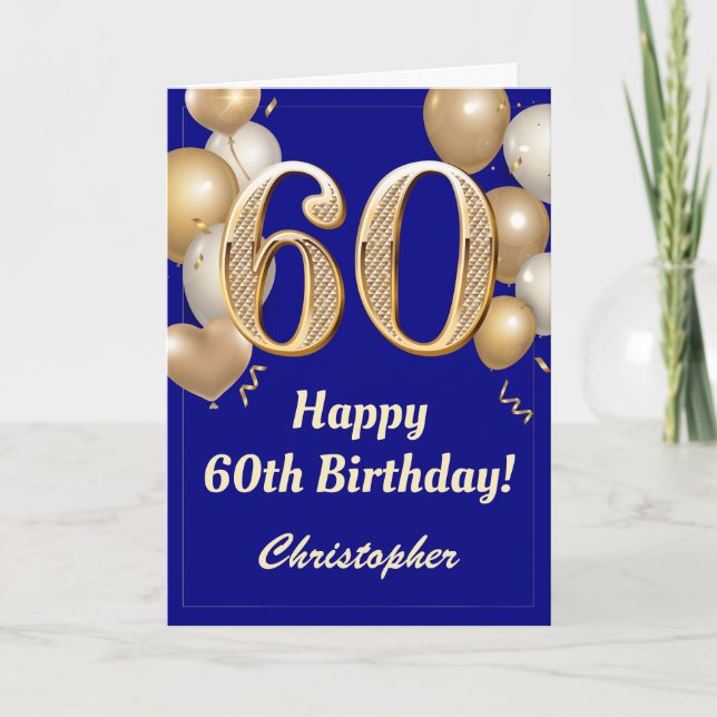 60th Birthday Navy Blue and Gold Balloons Confetti Card (Front)