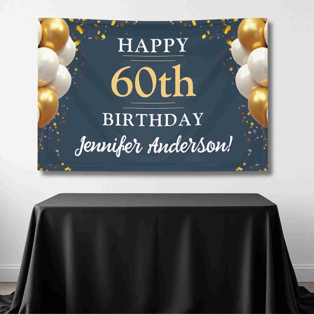 60th Birthday Navy Blue and Gold Celebration Banner (Creator Uploaded)