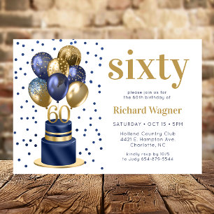 60th Birthday Navy Blue Balloon Cake Invitation