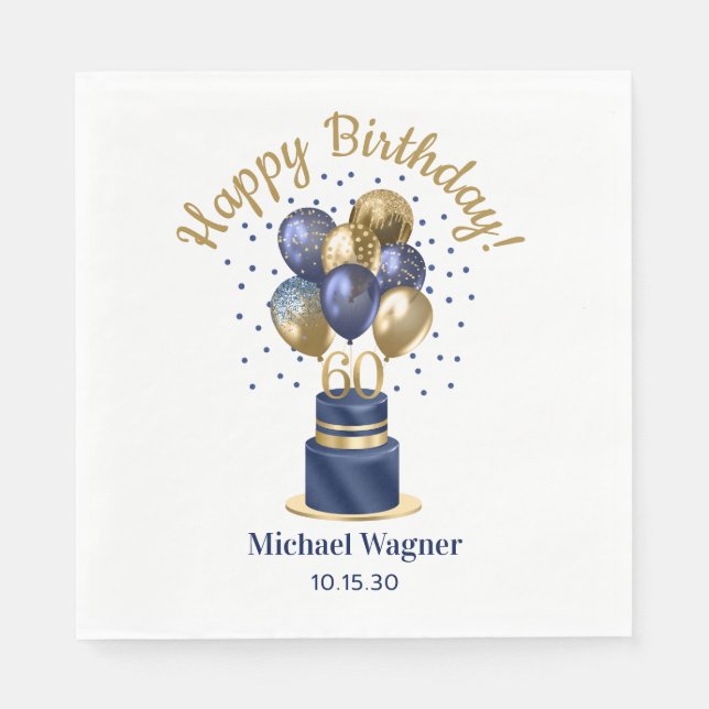 60th Birthday Navy Blue Balloon Cake Napkin (Front)