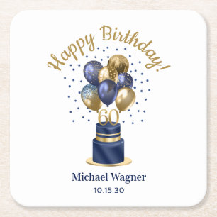 60th Birthday Navy Blue Balloon Cake Square Paper Coaster